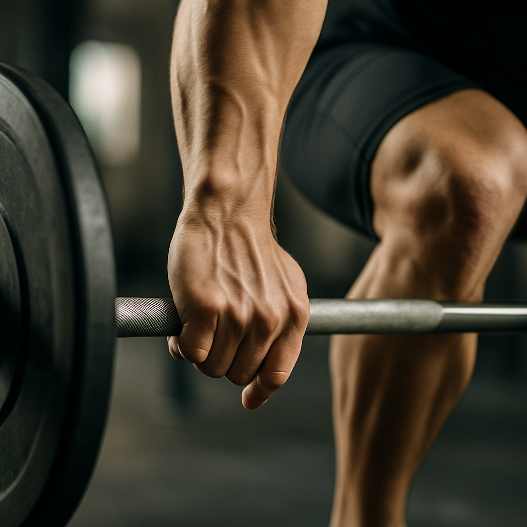 An athletes precise hand grip on a barbell, showcasing finger placement and wrist angle