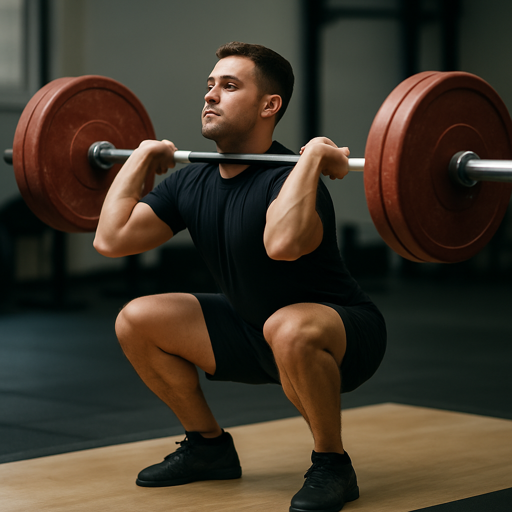 A weightlifter demonstrating the dip and drive in a clean and jerk, focusing on