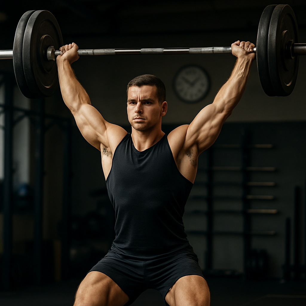 An athlete executing a clean and jerk lift in a gym, demonstrating precision and