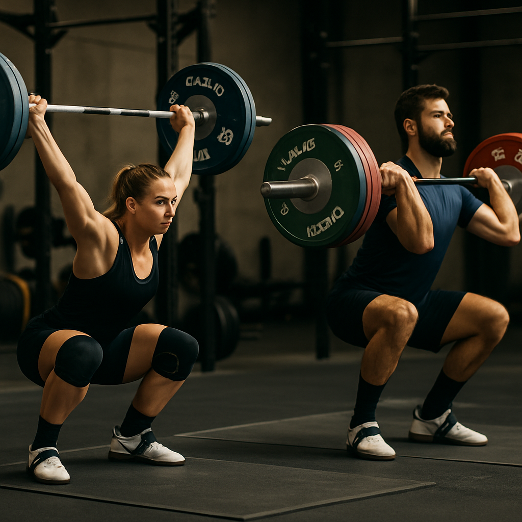 Elite weightlifters executing safe snatch and clean lifts, demonstrating correct warm-up techniques in a