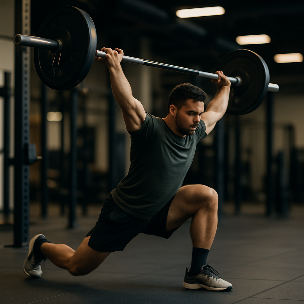 A competitor finely balancing a barbell during a mobility routine, set against a sleek