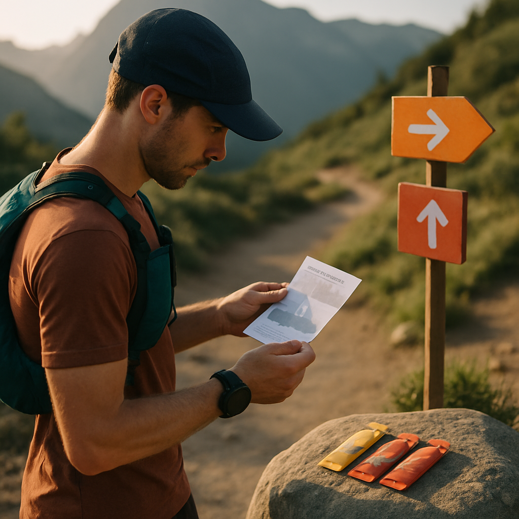 A trail runner checks a race calendar and elevation map at a mountain trail