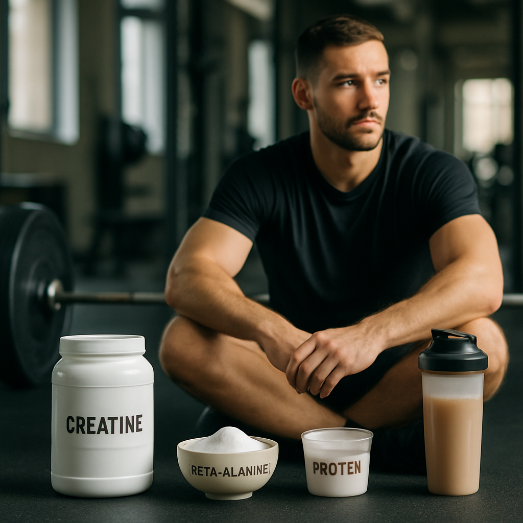 A strength athlete prepares to train beside a barbell, with creatine, beta-alanine, and a