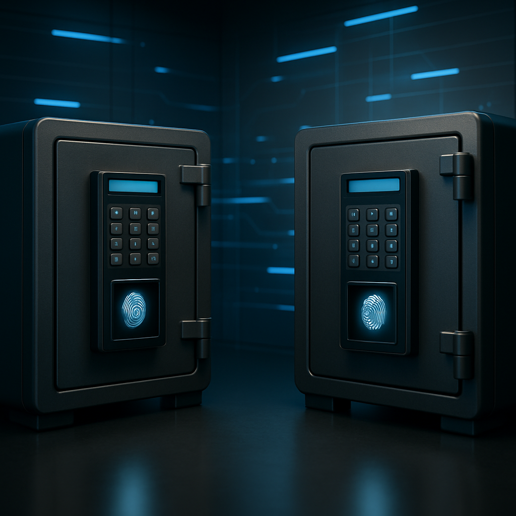 Two digital safes in a modern room, each representing a secure storage location for