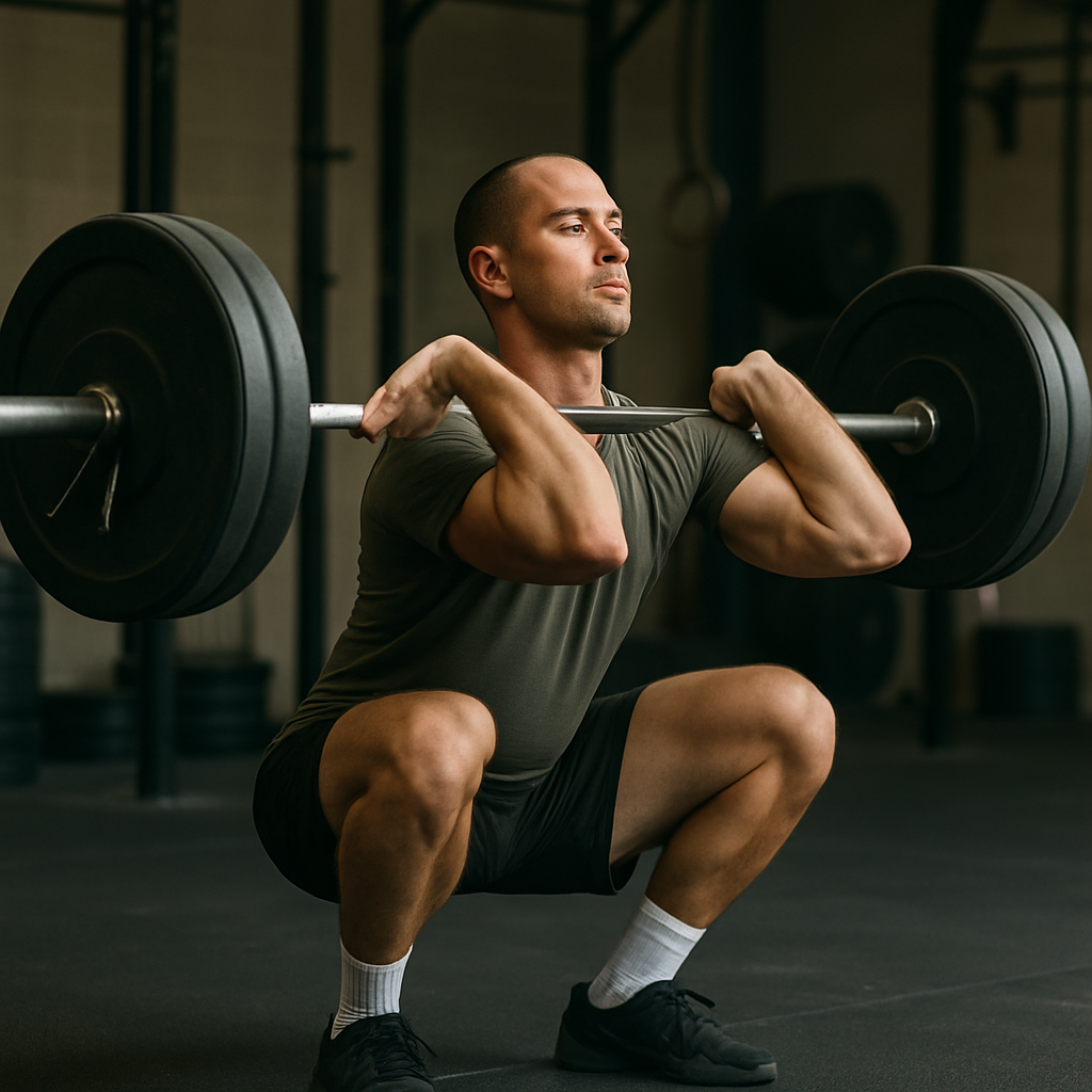 Athlete performs a technically sound front squat in a CrossFit gym.