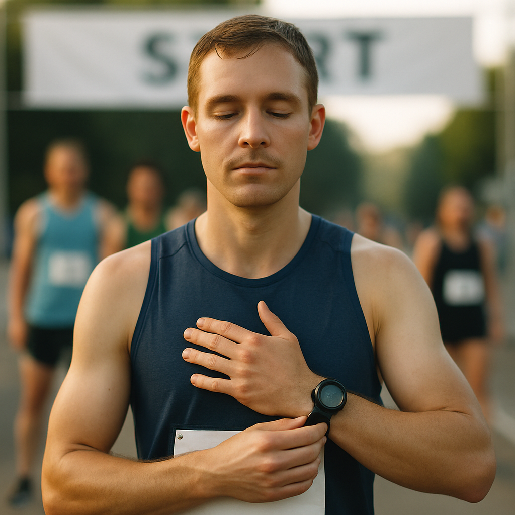 Runner takes a steady breath and follows a familiar pre-race ritual at the start