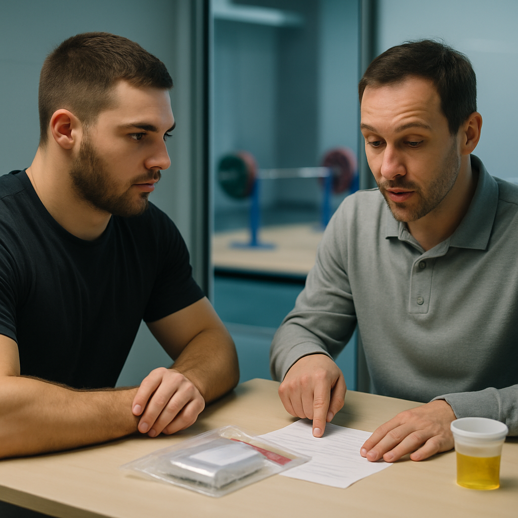 A weightlifter reviews anti-doping testing paperwork with a doping-control officer in a testing room.