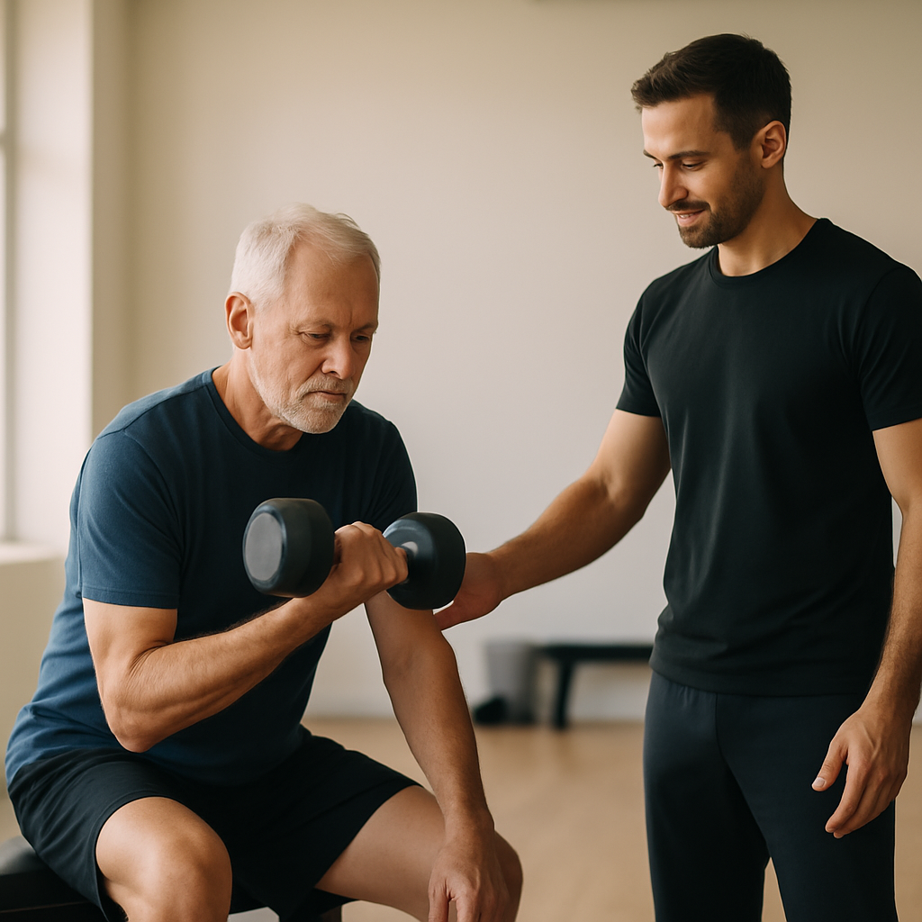 An older athlete practices a controlled dumbbell exercise with a trainer nearby.