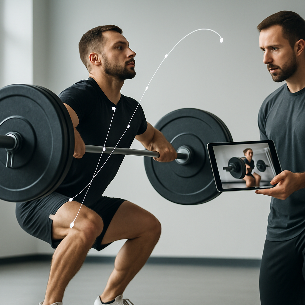 A coach reviews a weightlifter’s bar path on a tablet during a controlled lift,