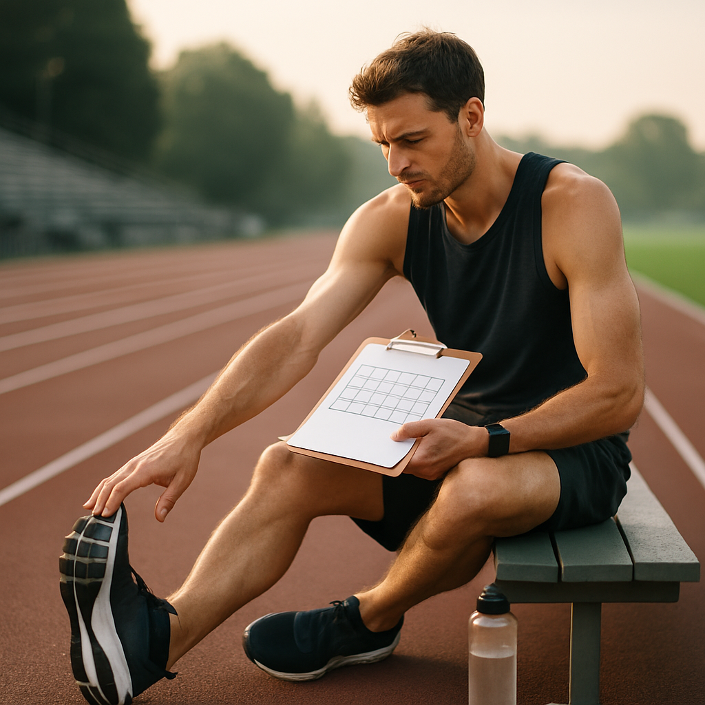 A runner reviews a training plan and stretches beside an empty track before race