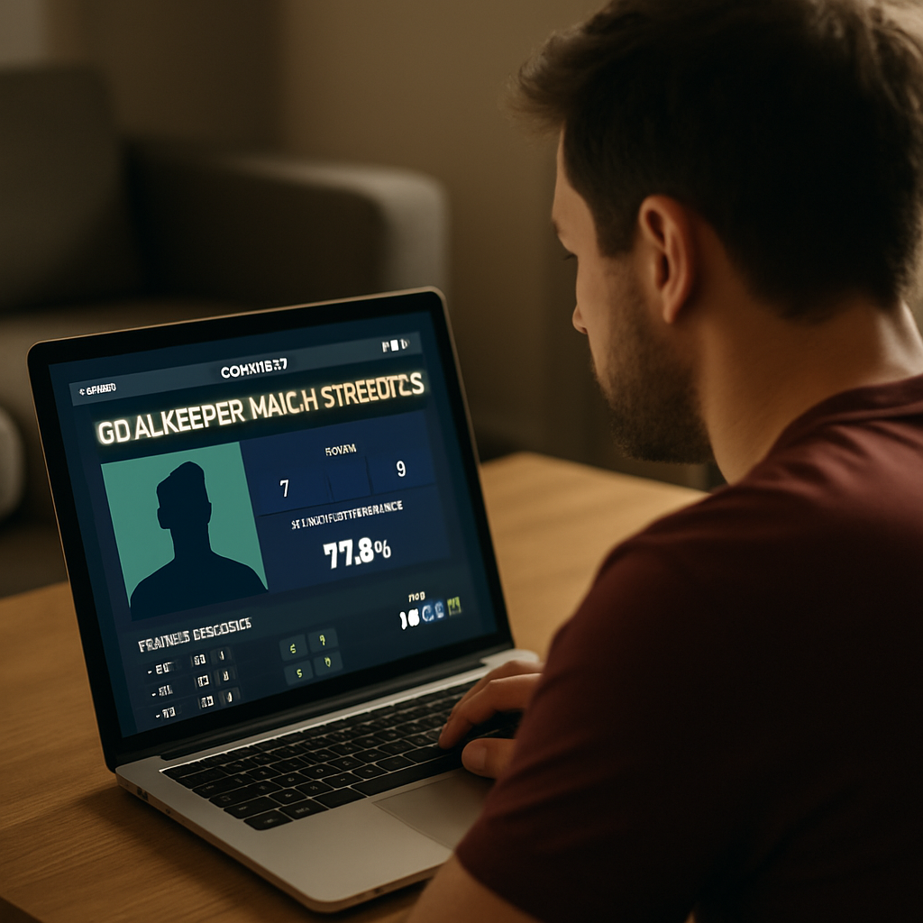 A fan checks a goalkeeper’s recent saves and shots-on-target statistics on 1xBet to understand