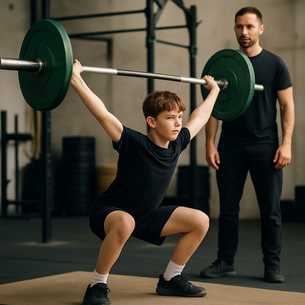 A young weightlifter practices a controlled barbell snatch while a coach observes.